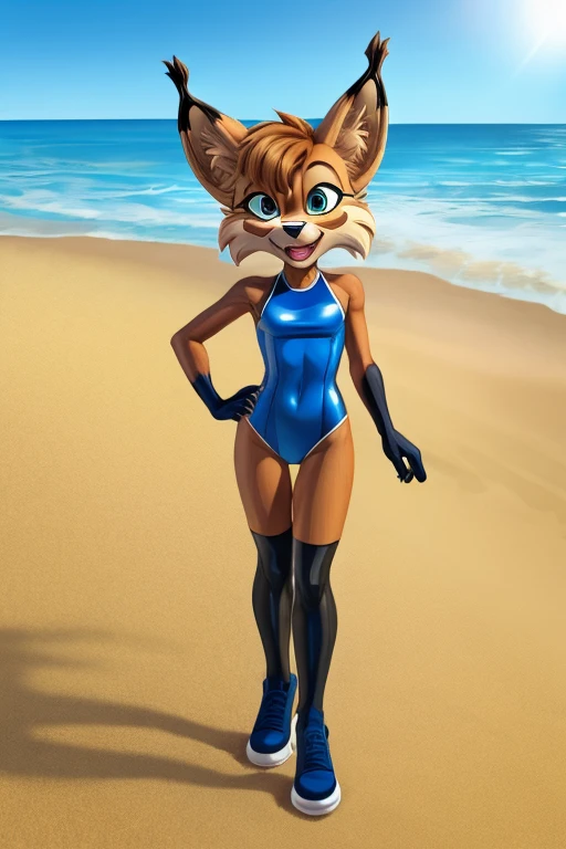 Lynx cartoon skinny slim in blue lycra swimsuit on beach with happy face