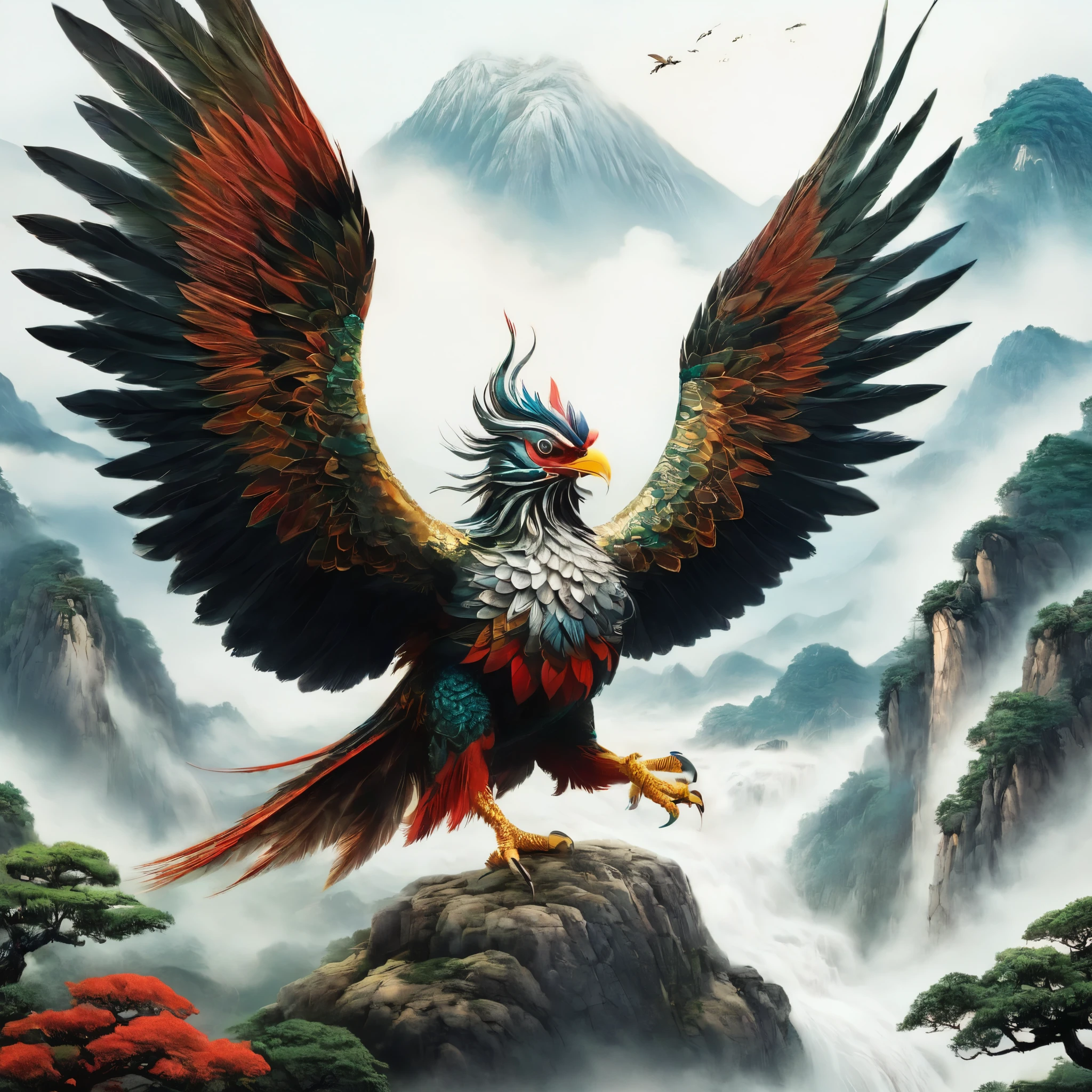 Mythical beast name: Kunpeng
Biological characteristics: Kunpeng is a massive bird-like beast, with a body size like a mountain peak and feathers shining with magnificent colors. It has two huge wings that can cover tens of thousands of kilometers, capable of blocking out the sun.
Source: "In the Great Wilderness North Scripture of Shan Hai Jing, there is a mountain called North Cabinet where the sea water flows in. There is a fish named Kun with a huge body, which can fly without wings and transform into a bird named Peng with wings as big as the sky, causing Heaven and Earth to collapse with its flap."
Cultural implication: In traditional culture, Kunpeng is regarded as a symbol of good omen, implying high aspirations and broad prospects. Kun's flight represents breaking through difficulties and pursuing  and ideals, with strong symbolic significance.
Image application: The image of Kunpeng is in white background