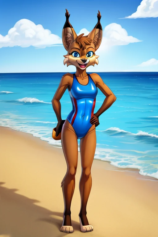 Lynx cartoon skinny slim in blue lycra swimsuit on beach with happy face