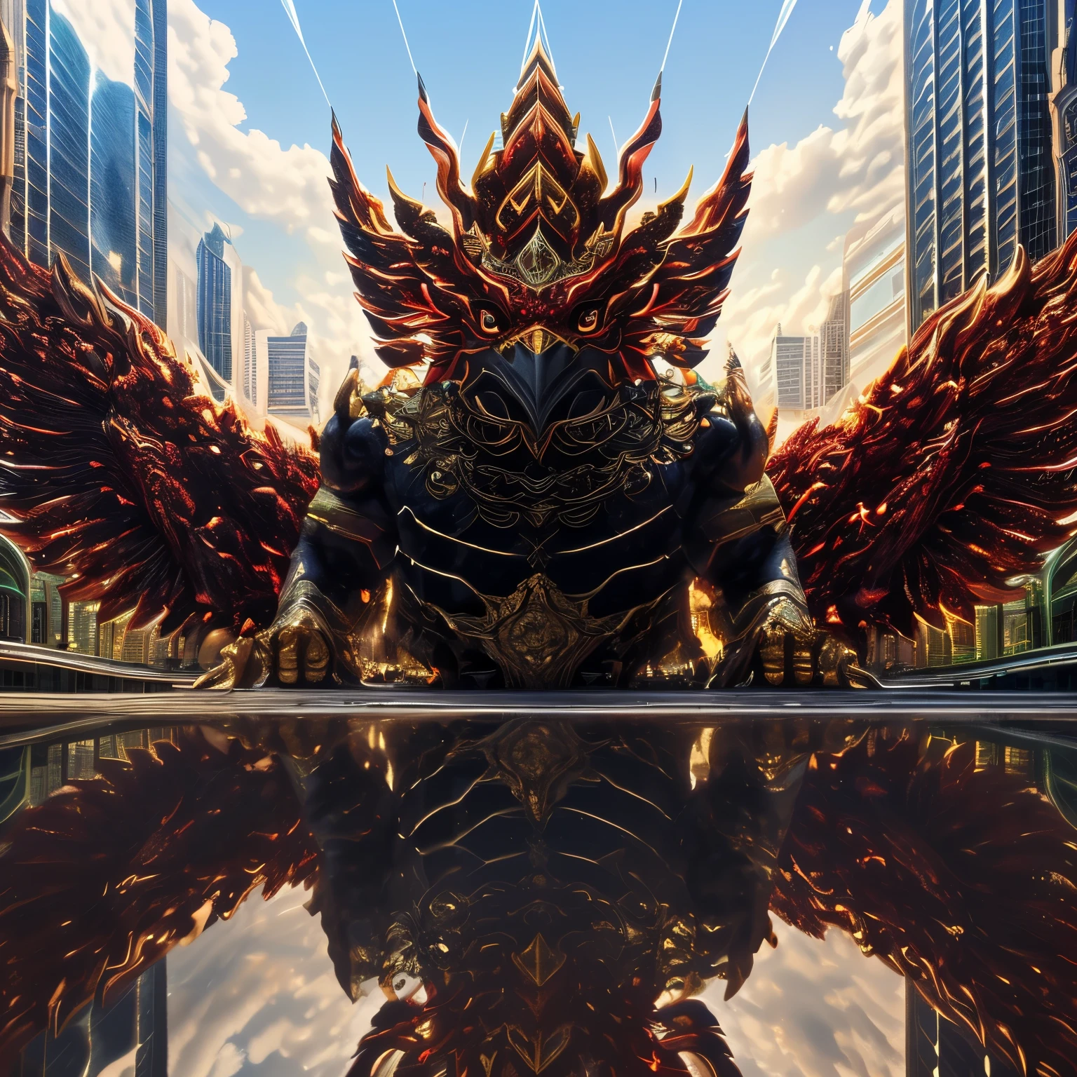 masterpiece,highly detail(Metalic Black,Reflect,:1.3)phayakrut king garuda{best quality},, super huge GARUDA solo, very detail, city,tower,building,highway, clouds and mist,
(extremely detail CG unity 8k wallpaper:1.1)(masterpiece),(best quality:1.1),realistic,style of master anime,perfect perspective,intricate detail