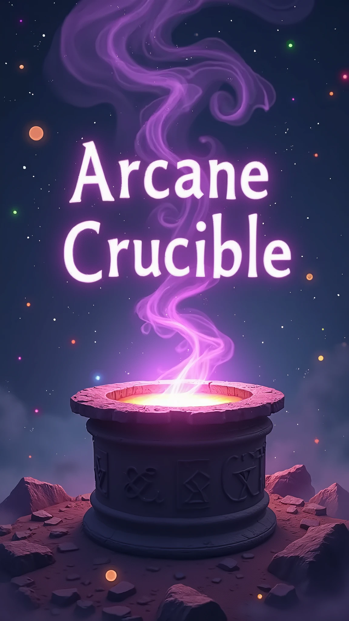 "A Cosmic Crucible of Ancient Wisdom: Smokey Letters and Glowing Sigils" is an awe-inspiring image set against a deep outer space background. At the center, a realistic crucible glows with an ethereal purple light, its molten interior shimmering with melted metal. Wisps of smoke rise from the crucible, twisting and curling to form the letters "Arcane Crucible" as if by magic.

Dotted throughout the vast expanse of space, ancient sigils glow dimly in emerald green, ruby red, sapphire blue, and pink pearl. These tiny, scattered symbols hint at hidden knowledge and arcane power. The combination of cosmic grandeur, alchemical elements, and enigmatic symbols creates a mesmerizing representation of the "Arcane Crucible" folder.