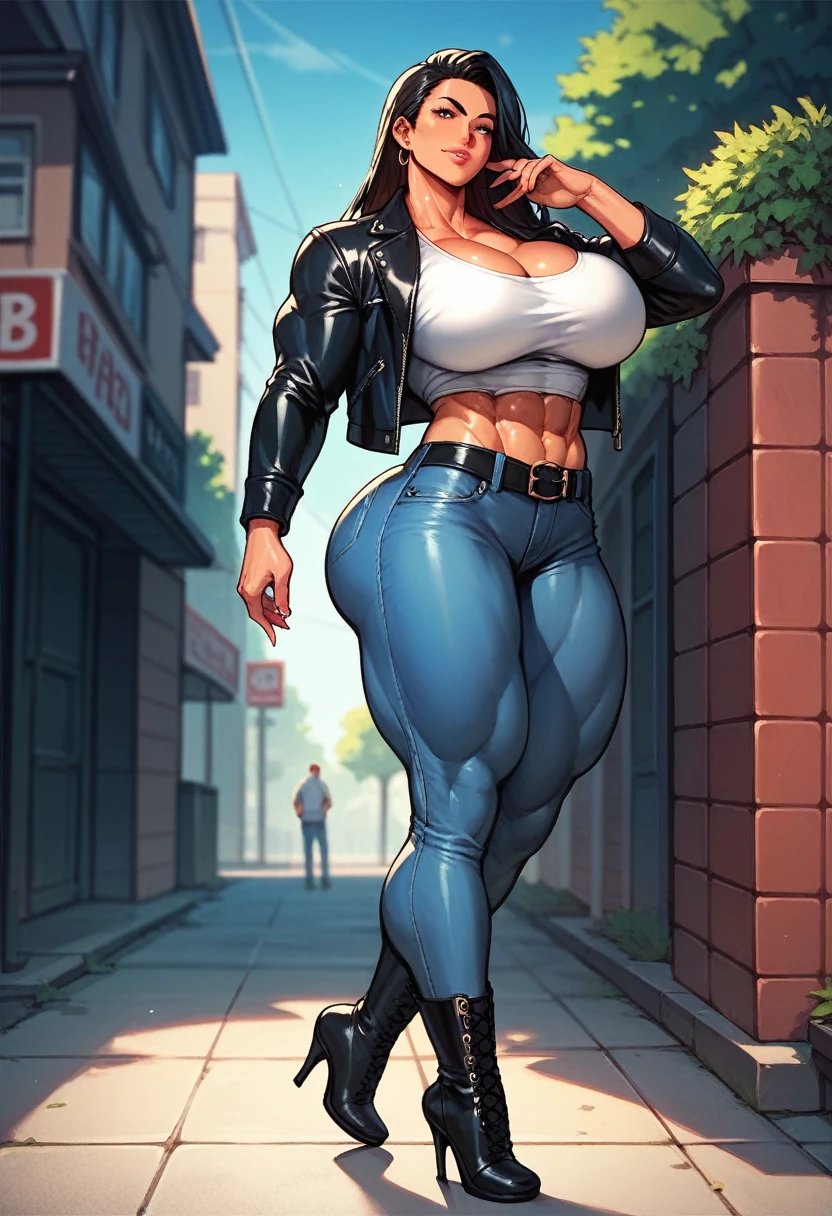 sexy woman wearing blue skinny jeans and black leather jacket, black belt, black high heeled boots with blulky heel, white t shirt, large breasts, large ass, muscular body, 8 pack abs, large muscles 