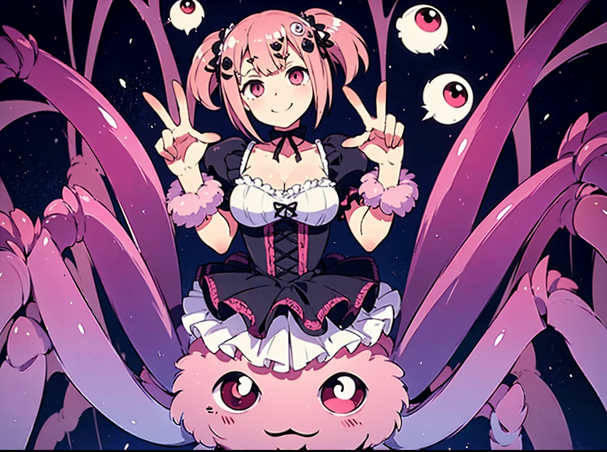 The girl of Arachne. Pink fluffy spider. Pink short hair. Pigtails. Peace sign with both hands. Smiling face. ****ta fashion. Eye-catching hair accessories. Multiple eyes.