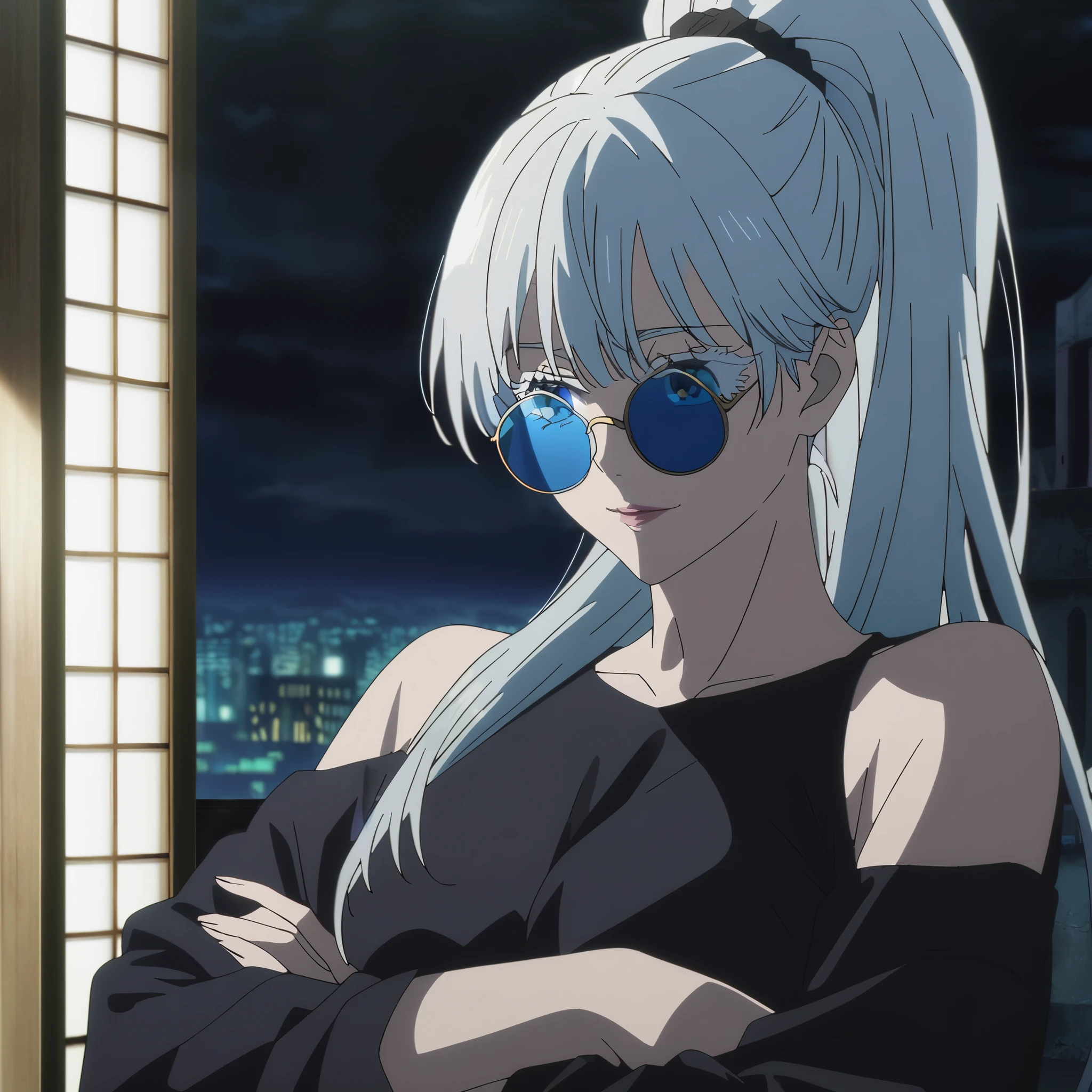 1girl, female gojo satoru, anime screencap from jujutsu kaisen, gojo satoru female version, solo, long_hair, blue eyes, ((white eyelashes)), ((white_hair)), night view, breasts, upper_body, smile, indoors, book, bangs, blue_eyes, lips, (wearing round sunglasses) , ((her hairstyle : The character in the image has long straight white hair)) wearing black color  dress, bare shoulder, breast, "very detailed and high resolution" (blue eyes) ((cross arms))  ((long hair)) ((solo)) ((high resolution)) ((upper body)) ((high ponytail))
