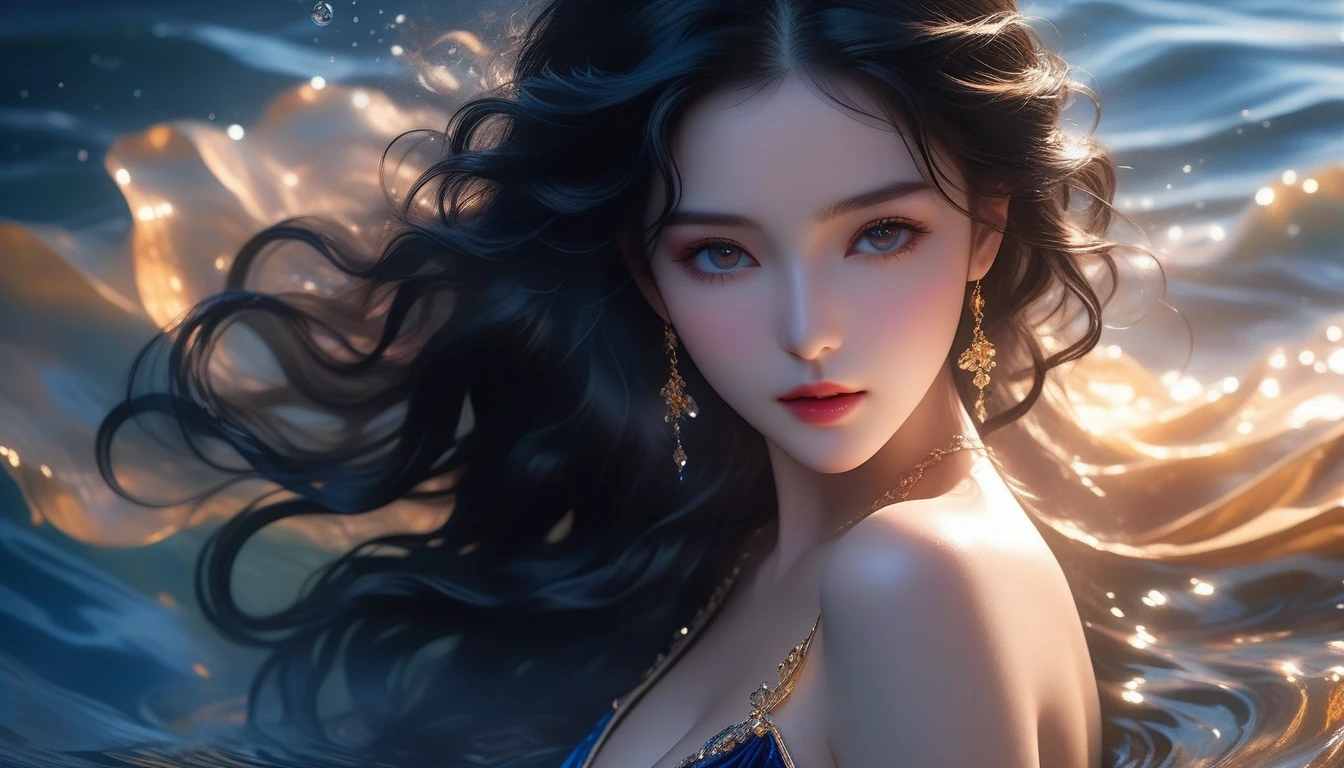 A Masterpiece In 32K Resolution, Supreme Quality, Super Detail, Official Art, Very High-Resolution 32K Wallpaper, Cinematic Lighting, Beautiful And Aesthetic, Ultra-Detailed Features, Awe Inspiring Detail. A Girl With Skin Light, Adorned In A Flowing Velvet Gown, Highlight Her Ample Breasts. Her Jet-Black Hair Cascades Down In Soft Waves, While Gentle Mist Swirls Around Her. Her Eyes, A Deep Midnight Blue, Captivate With Their Intensity. Her Skin Glows With A Subtle Luminescence, Standing Out Against A Water Backdrop. Gentle Light Filters Through The Water, Casting A Soft Glow On Her Form. The Scene Evokes A Sense Of Enigma, With Every Element Adding To The Mystical Aura.