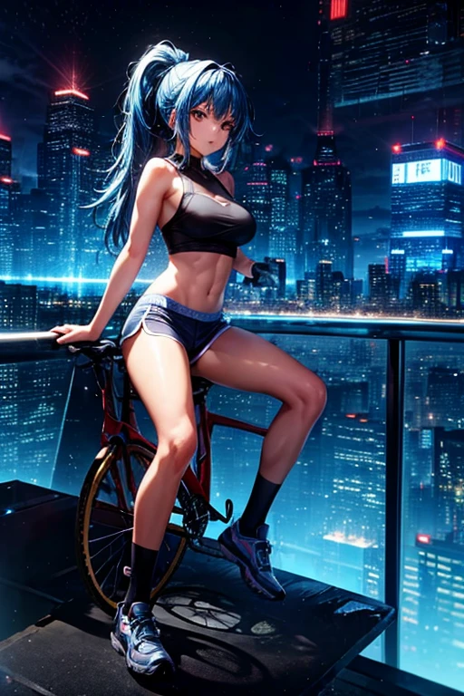 a girl sitting on top of bicycle, dolphin shorts, blue hair, ponytail, A complex crystal structure in a futuristic city
