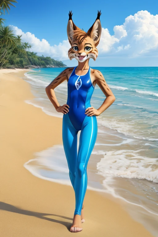 Lynx is a full-length cartoon girl slim skinny in a blue tight lycra swimsuit on the beach with a happy face, big feet
