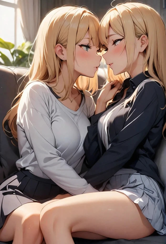 (((2girls)))), (((elf woman)), ((yuri)), (couple))) (shiny blonde long straight)), (middle breasts), ((((school uniform)))), green eyes, close eyes, ((((kiss on the train seat)))), (breast grab)))), upper body