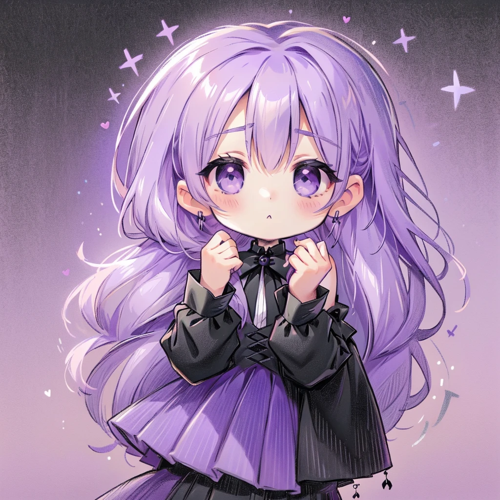 Handsome face、Chibi、Lavender Purple Background、Black clothes、Long sleeves with flared cuffs、Shoulders are exposed、One-piece flared skirt、A rabbit holding a stuffed toy in one hand、Black and lavender purple palette、Gothic Shoes、Front facing、Black Rose、🌙、Perfect Anatomy、heart、Kirakira Eyes,