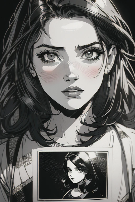 A woman with long black hair, black background, sad, expressionless, chest shot, close-up of upper body, rough expressive lines, expressive lines, dark lines, dense lines, intense line work, masterpiece, best quality, super fine, extremely delicate and beautiful, horror manga, black and white manga, black and white line drawing, inspired by Junji Ito, art style of Junji Ito, hand-drawn, character focus, extremely fine, by Kim Jung gi