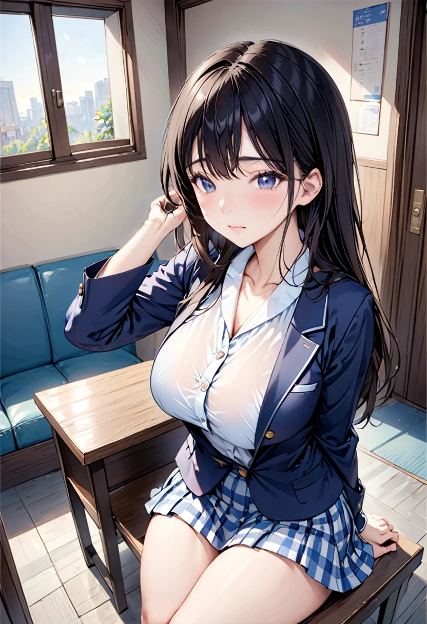 one-girl，sportrait，‎Classroom，cleavage，校服，black-skinned，Bust photo，looks into camera，sit on chair