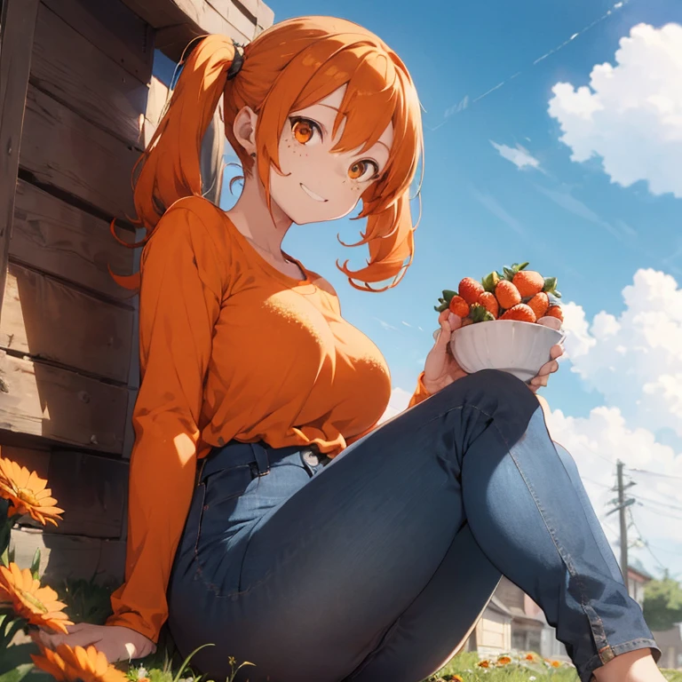 1girl, orange_hair, nami_(one_piece), solo, earrings, jewelry, long_hair, fruit, food, looking_at_viewer, upper_body, orange_(fruit), breasts, leaf, sleeveless, closed_mouth, tank_top, brown_eyes, bare_shoulders, hair_ribbon, smile, bangs, outdoors, arms_behind_back, ribbon, ponytail