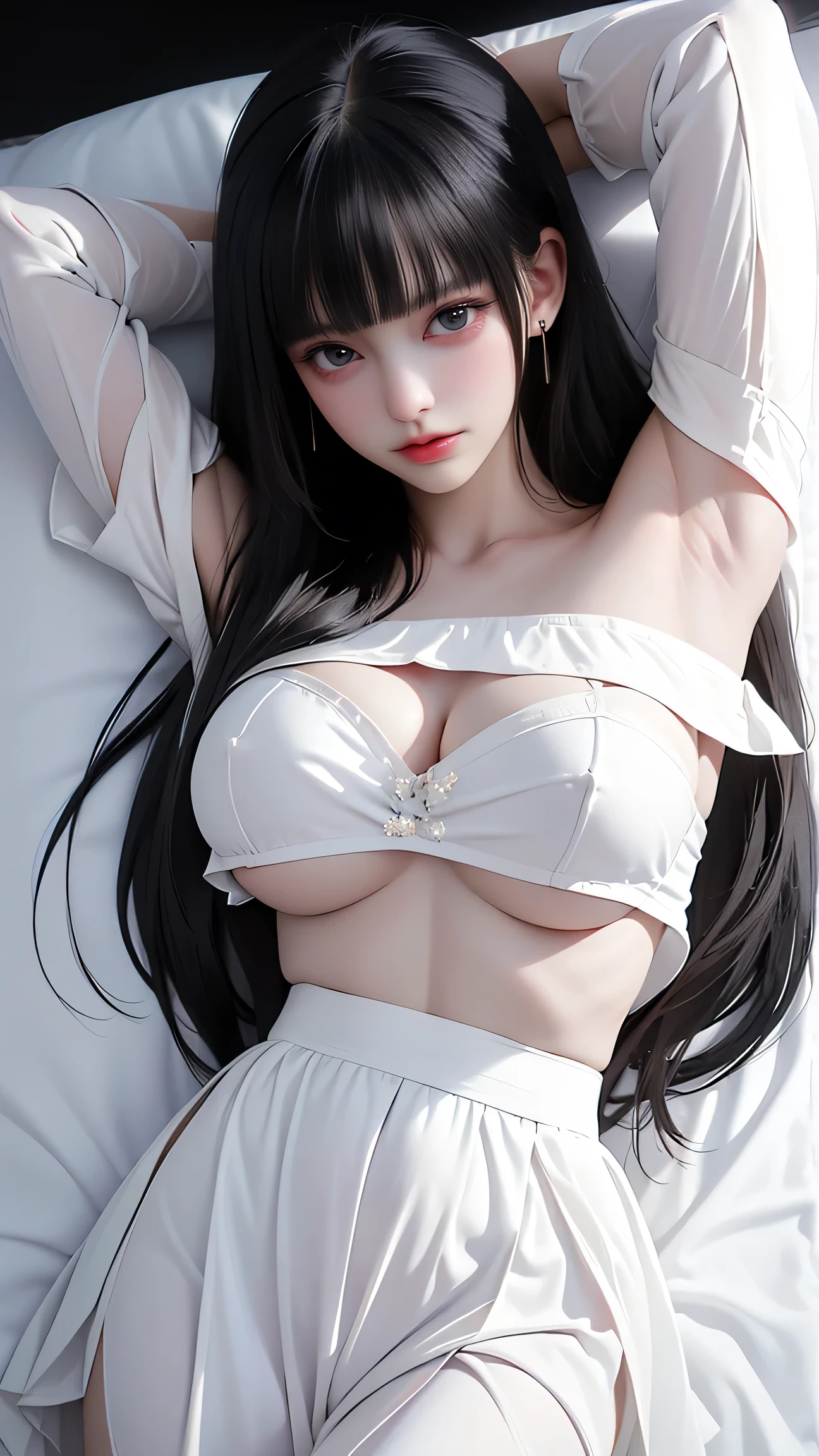 40k、photograph、、Highest quality、(1. Beautiful eyes、Light Hair、White skin、Mr. miss.々Pose、((Medium chest、:1.1))、Highest quality、Tabletop、Ultra-high resolution、(Real:1.4)、RAWphotograph、(Perfect Figure)、(slim、:1.3)。 3)、Slim abdomen、((Golden-haired woman)),((Straight bangs、Princess bangs)),((Very heavy、Very voluminous bangs:1.1)),((Very long、Very heavy、Very voluminous side locks:1. 1))、hime cut、Straight bangsヘアスタイル、Long Hair、The bangs are cut straight、(masterpiece、Highest quality:1. 5), (Ultra-fine 8K CG:1.4), (Hyperrealistic:1.25), (Photorealistic:1.25), (Real:1.4), COWBOY SHOT, (View from above:1.35), (from the front:1.4), (smile:1.3)、。 1 Japan Beautiful Girl、1、supermodel、Japanese Idols、(smile)、(Medium sized chest)、Sweat Muscles、(Off-the-shoulder semi-transparent white maid outfit:1.4)、COWBOY SHOT (Black and white monotone maid outfit 1.1), (Lying in bed 1.4), (Lying on your back 1.1), (Put your head on the pillow 1.1), (Full Body Shot), ((Floral panties are visible on a white background))、8K、Highest quality、(Real、Realism:1.37）、Highest quality、beautiful、Pensive expression、Charm、Captivating appearance、blue eyes、Light Skin Tone）((Dynamic Pose))、((Sexy pose))、((Raise your arms、Underarm)）、（top down：1.2）、Heterochromatic pupils,Silver Haired Girl,Free high resolution,Off the shoulder,Heterochromatic pupil,Silver Haired Girl,Wallpaper HD,Off the shoulder、((Nipples))、(Puffy eyes:1.2)、 (Slim legs),(Light on face and chest)、(((((Under the boobs)))))、Under the chest、Oily skin、Are thin、 (Under the chest側がわずかに見えている),(Lower milk is visible、Belly button and ribs visible)、The hips and lower abdomen are visible、black flared skirt、(Pull up your skirt)、I can see the little black underwear.