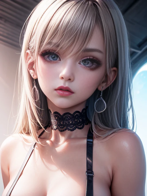 Depth of bounds written, detailed eye, ((CG illustration)), ((face focus)), ((masterpiece)), ((8K)), ((super detailed)), ((Super high quality)), ((cinematic)), ((Photoreal)), ((close up shot)), (solo), (cool girl), very long hair, straight hair, (((thin body))), Glossy skin, ((look away)), (Beautiful goth girl with high cheeks and legs), Gothic makeup, clear eyes, lipstick, dark eye shadow, ((No bra)), choker, earrings, provoke, night, ((full moon)), ((Functional)), Lonely, Visual kei, ((pastel colour)), Unwound clothes, forget, kiss, White Knight, dark, silence