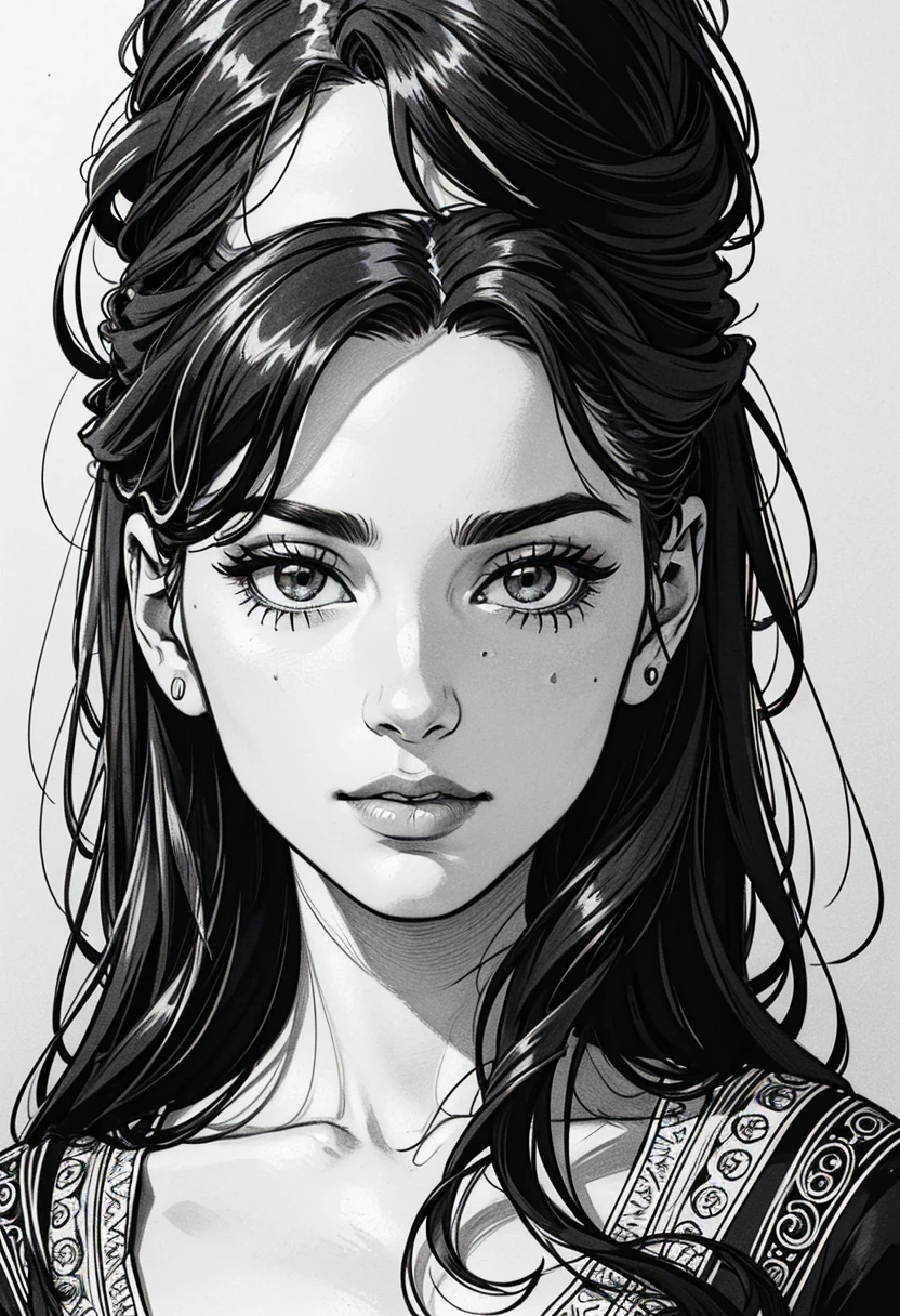 a black and white photo of a woman with long hair, extremely detailed woman, detailed portrait of beauty, detailed woman, detailed cute portrait, beautiful art work, stunning drawing, high detailed portrait, extraordinarily detailed woman, Stunning works of art, realistic female portrait, black and white art, arte linda, cute portrait, artgerm portrait, extremely detailed portrait, realistic drawing, beautiful drawing