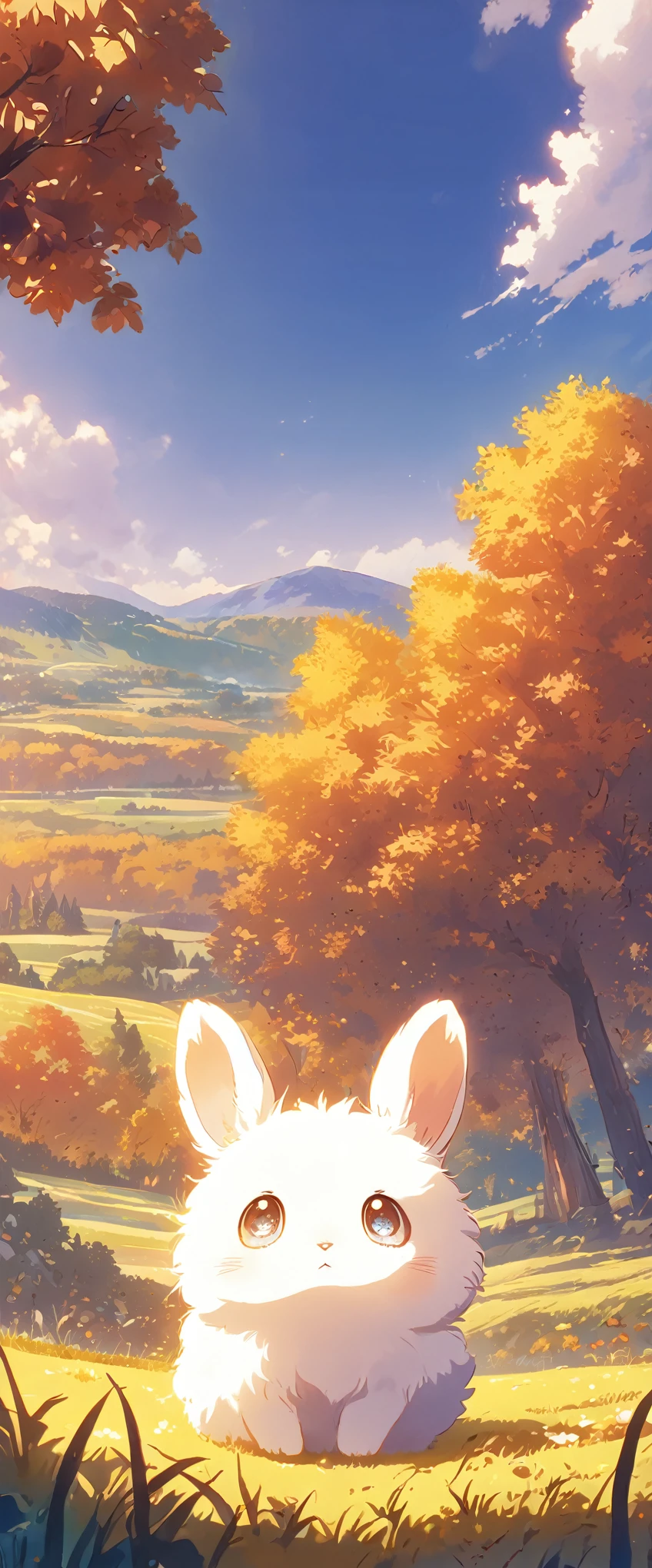 Create a close-up, animated illustration of a fluffy baby bunny sitting in a field . Emphasize the soft fur, big eyes, and twitching nose of the bunny. The background should be a gentle, highlighting the cuteness and innocence of the baby bunny, by makoto shinkai, anime beautiful peace scene, beautiful anime scene, anime background art, anime landscape wallpaper, anime countryside , anime art wallpaper 4 k , anime art wallpaper 4k, beautiful anime scenery, anime art wallpaper 8 k, amazing wallpaper , Ultrawide cozy, Autumn , Fall, Forest