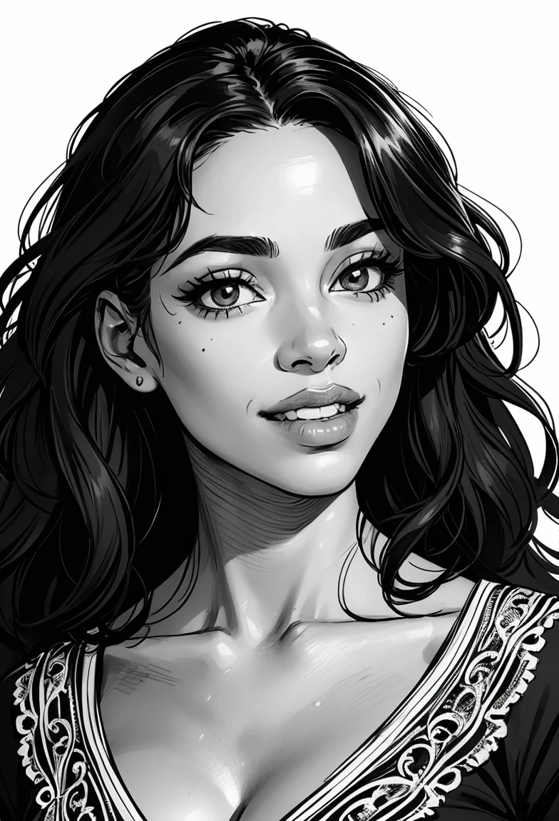 in black and white, (a black African American woman), with long curly hair, full lips. Smiling. extremely detailed woman, detailed beauty portrait, detailed woman, beautiful artwork, impressive drawing, highly detailed portrait, extraordinarily detailed woman, impressive artwork, realistic female portrait, black and white art, beautiful art, cute portrait, artgerm portrait, realistic drawing, beautiful drawing. White background