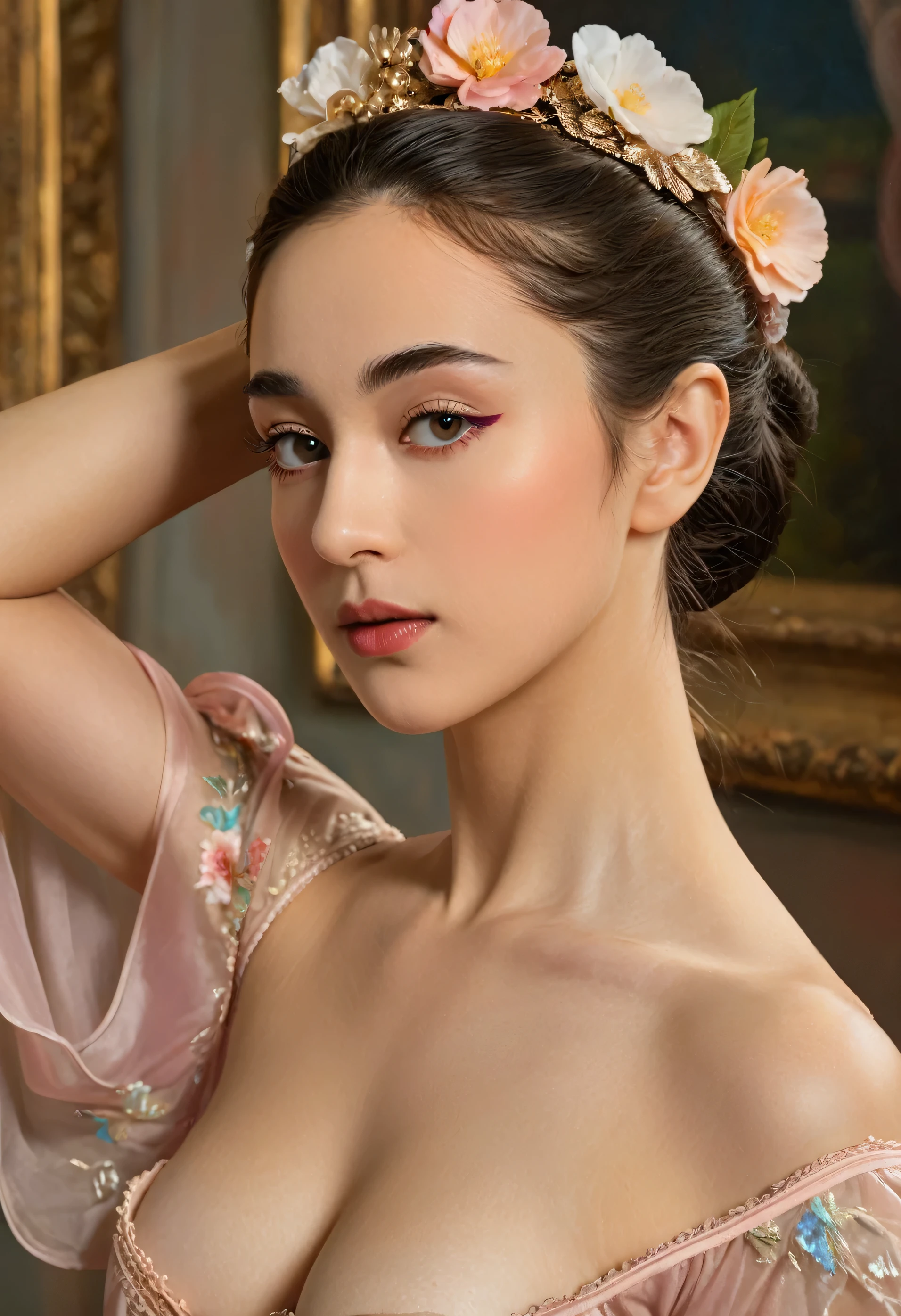 (highres,masterpiece:1.2),(realistic:1.37)"(best quality, highres, ultra-detailed, realistic),beautiful 19th-century portrait of a 20-year-old French ballet dancer, (She is half French and half Japanese, and is a stunning beauty with detailed eyes and a high nose:1.1), thick eyebrows, (elaborate ballet costume:1.4), detailed facial features, long graceful neck, flowing locks of hair, poised and elegant posture, soft and delicate lighting, classic oil painting medium, vibrant colors, subtle background with floral motifs", dreamy atmosphere, Surrealism,mystical aura, Charlie Bowater, 19th-century France, seductive, (best quality,4k,8k,highres,masterpiece:1.2), ultra-detailed, (realistic,photorealistic,photo-realistic:1.37),(Numerous award-winning masterpieces, incredibly detailed and textured, maximal resolution and clarity), (Hyper-realistic:1.4), sexy look