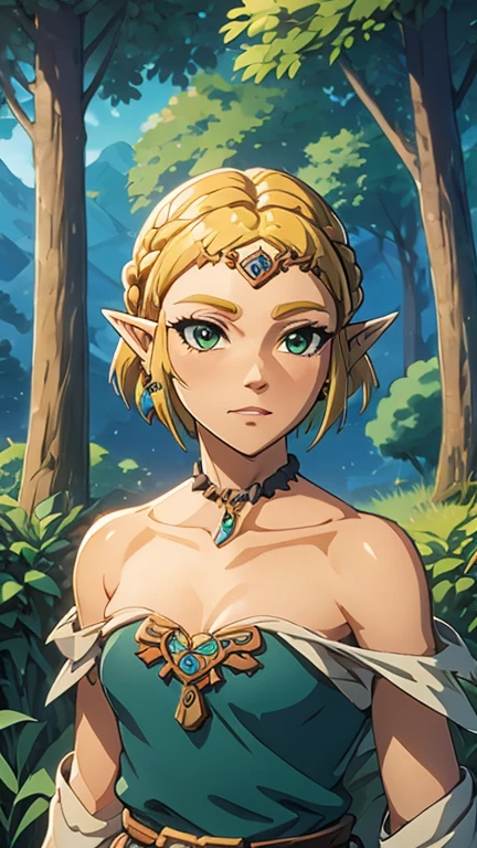 (1girl, solo, ZeldaTOTK), (extremely detailed CG unit 8k wallpaper),(master part), (best quality), (ultra detail), (best illustration),(satosh kon art style), cowboy shot, (Sharp eyeliner, ombre, detailed eyes:1), forest, outdoors background, ,break, upper body, princess zelda,greed eyes,jewelry,pointy ears,blonde hair,crown braid,short hair,triforce,earrings,bare shoulders,