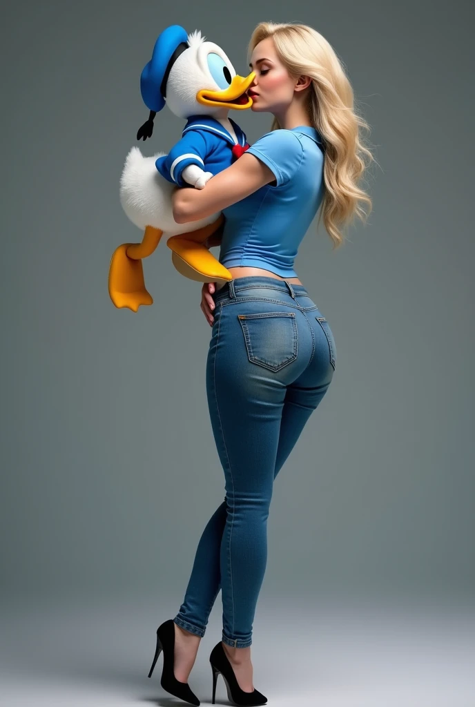 Dove Cameron carried and kissed Donald Duck on the lips. Dove Cameron is wearing blue polo, blue high heels, and skinny blue jeans. Donald Duck is wearing his original clothes in the Mickey Mouse and Friends series. Full height from head to toe and Full body from head to toe. Dove Cameron has a BIG BUTT, WAVY SEXY BODY, and BIG BREAST. Donald Duck is FOUR TIMES smaller the size and height of Dove Cameron. Standing in a full height from head to toe


Dove Cameron kissed Donald Duck's lips and carried him.

