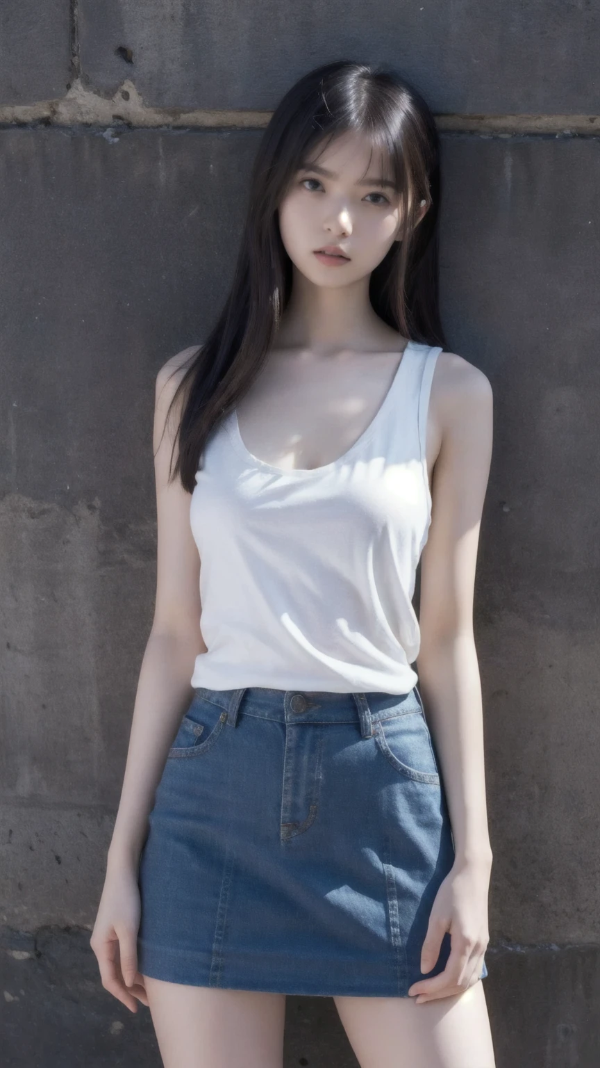 (realistic), (hyperrealism),best quality, masterpiece,ultra high res, (photorealistic:1.4),1girl,(looking at viewer:1.2),1girl, solo, realistic, looking at viewer, parted lips,  short jeans, tanktop,
,   <lora:makina69_mido_v1.0:1>