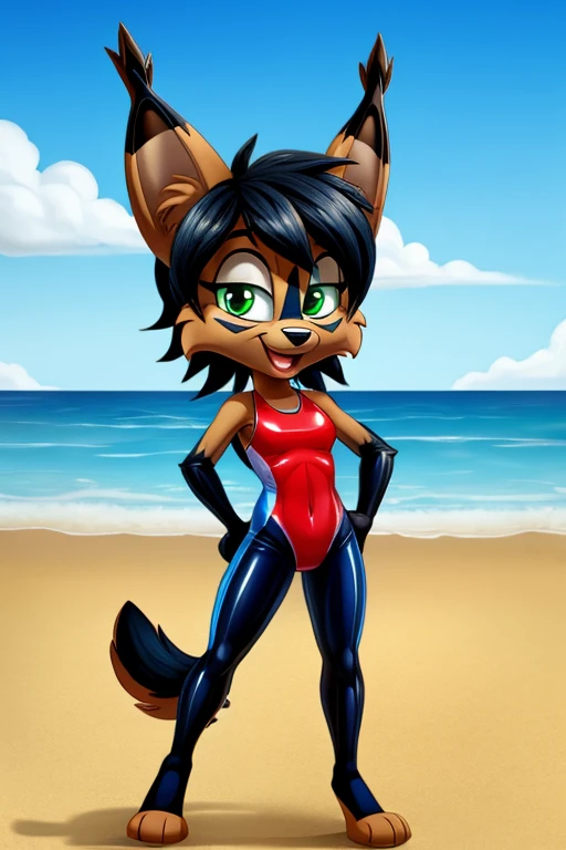 Lynx cartoon girl full length slim skinny in a red tight lycra swimsuit on the beach with a happy face black hair green eyes big feet