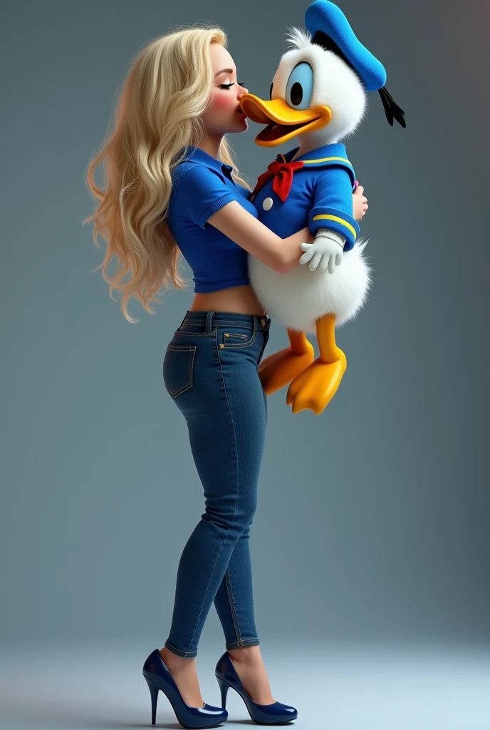 Dove Cameron carried and kissed Donald Duck on the lips. Dove Cameron is wearing blue polo, blue high heels, and skinny blue jeans. Donald Duck is wearing his original clothes in the Mickey Mouse and Friends series. Full height from head to toe and Full body from head to toe. Dove Cameron has a BIG BUTT, WAVY SEXY BODY, and BIG BREAST. Donald Duck is FOUR TIMES smaller the size and height of Dove Cameron. Standing in a full height from head to toe


Dove Cameron kissed Donald Duck's lips and carried him.

