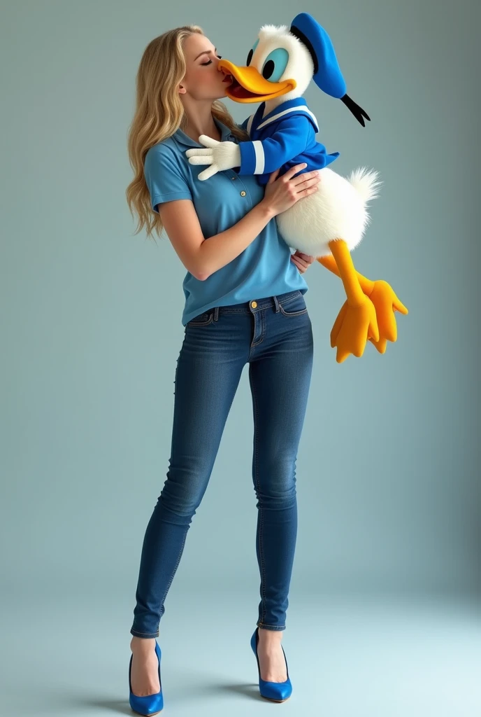 Dove Cameron carried and kissed Donald Duck on the lips. Dove Cameron is wearing blue polo, blue high heels, and skinny blue jeans. Donald Duck is wearing his original clothes in the Mickey Mouse and Friends series. Full height from head to toe and Full body from head to toe. Donald Duck is FOUR TIMES smaller the size and height of Dove Cameron. Standing in a full height from head to toe


Dove Cameron kissed Donald Duck's lips and carried him.

