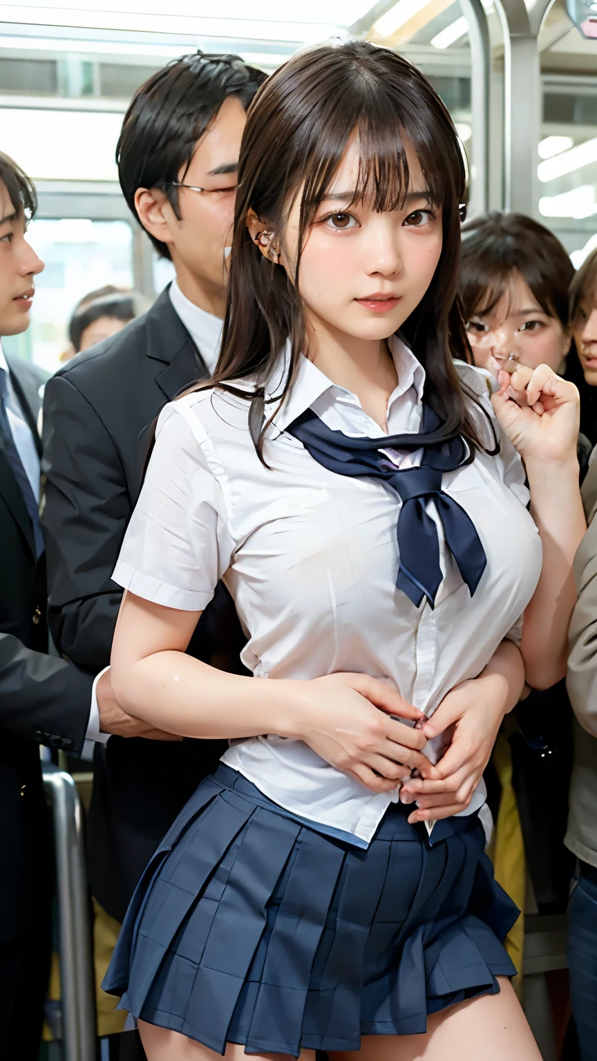 (masterpiece), (realistic), (ultra HD 8k), (realistic body proportions) An old man presses his chest against a very hot young girl, school uniform) again on a very crowded train