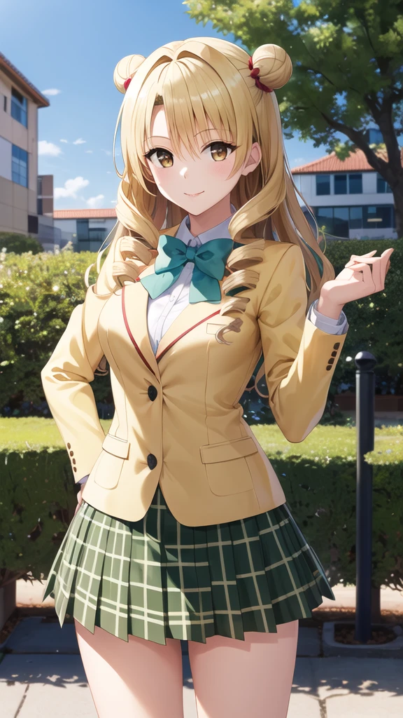 masterpiece, best quality, highres, 1girl, solo, long hair, blonde hair, double bun, drill hair, brown eyes, school uniform, green bowtie, blazer, yellow jacket, long sleeves, plaid skirt, green skirt, standing, cowboy shot, outdoors, smile,