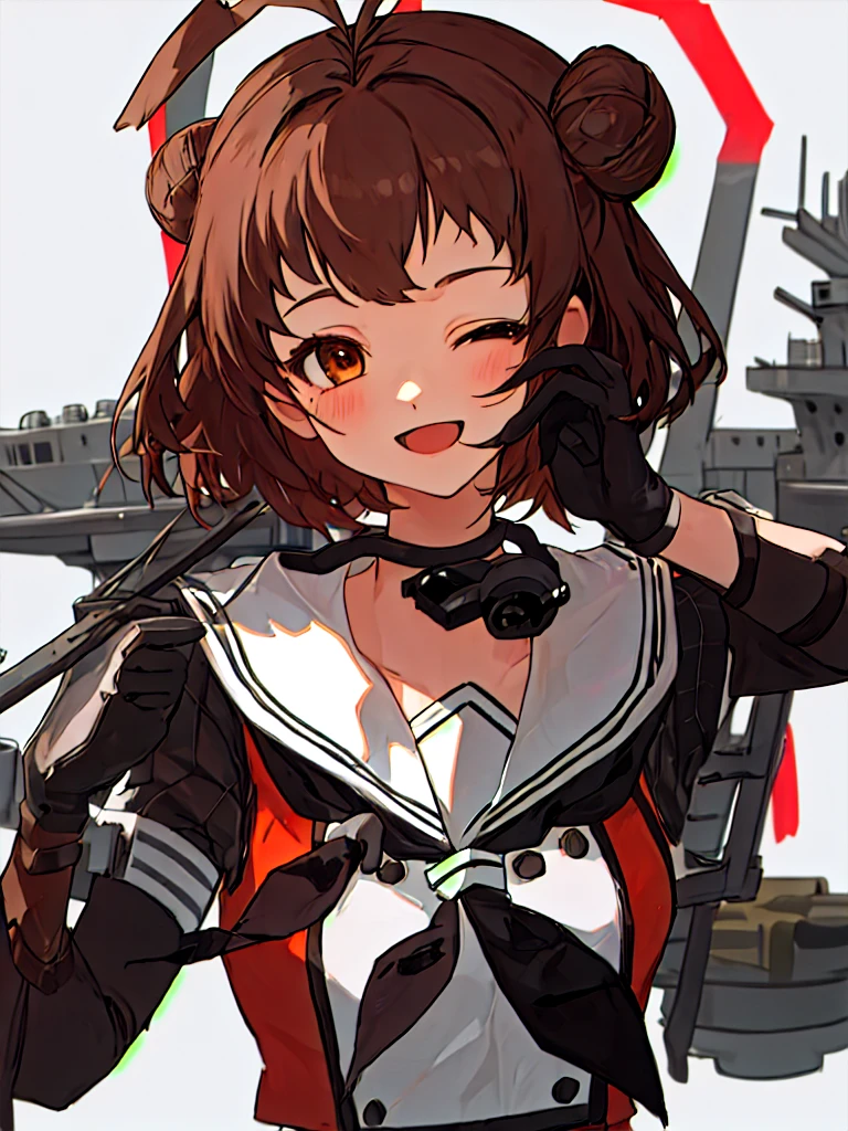 Best Quality, masterpieceHigh resolution, Alone, {On_Kantai Collection:1.15}, double_good, hair_good, brown_hair, short_hair, antenna_hair, brown_eyes, smile, Seraphim, open_mouth, One_eye_closure, One girl, Looking_in_Viewers, Sailor_collar, School_Uniform, upper_body, white_Sailor_collar, black_neckerchief, neckerchief, black_gloves, gloves, white_background