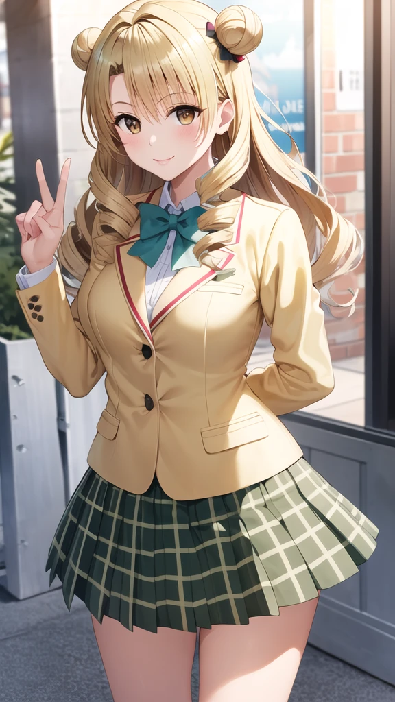 masterpiece, best quality, highres, 1girl, solo, long hair, blonde hair, double bun, drill hair, brown eyes, school uniform, green bowtie, blazer, yellow jacket, long sleeves, plaid skirt, green skirt, standing, cowboy shot, outdoors, smile,