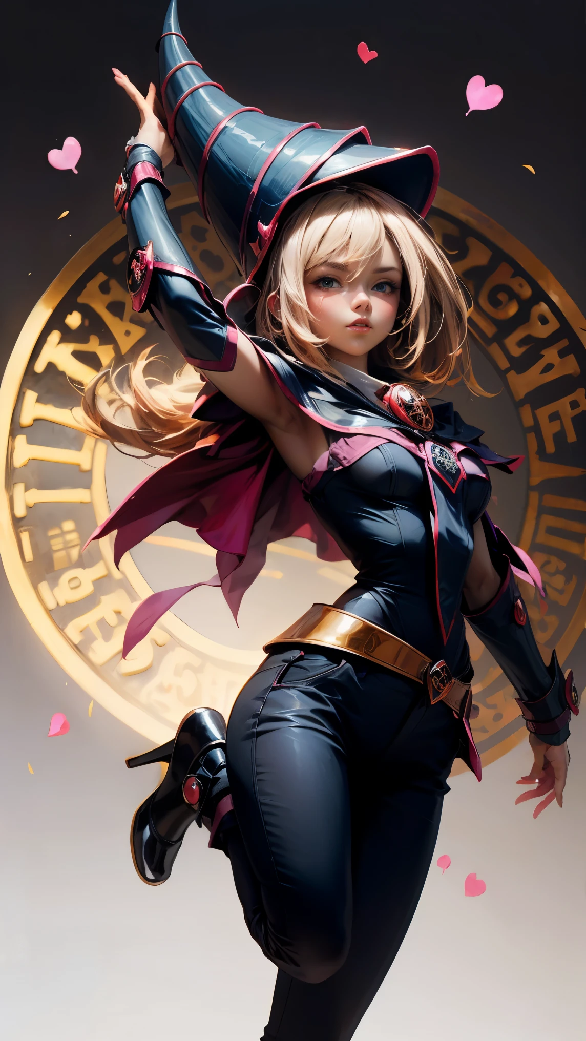 dark magician gils, with high-heels. pants, sexy, Subjective and sensual pose. magic background. Magical heart in the air. magic circle
