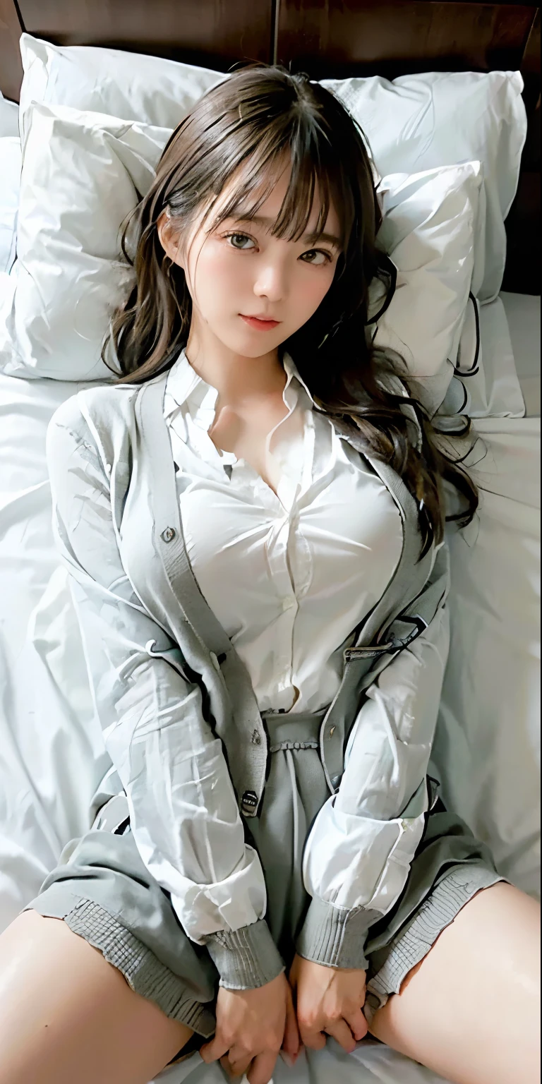 (((missionary position vaginal sex))),(((having vaginal sex))), (((pov))),delicate and cute girls with brown hair,((office service uniform)),(((office lady uniform))),、16years、Super8K Ultra High Definition、Delicate texture、 Medium Hair、flat chest、、,Plain clothes,spreading her legs,exposed panties,nsfw,big breast,(((in hotel))),(((lying down on the bed,spreading legs open wide with knees bent,creating the shape of the letter M))),,(((very detailed race panties))),showing armpit,(((big breast))),(((colored shirt and cardigan,pencil skirt))),one eye open and another eye closed