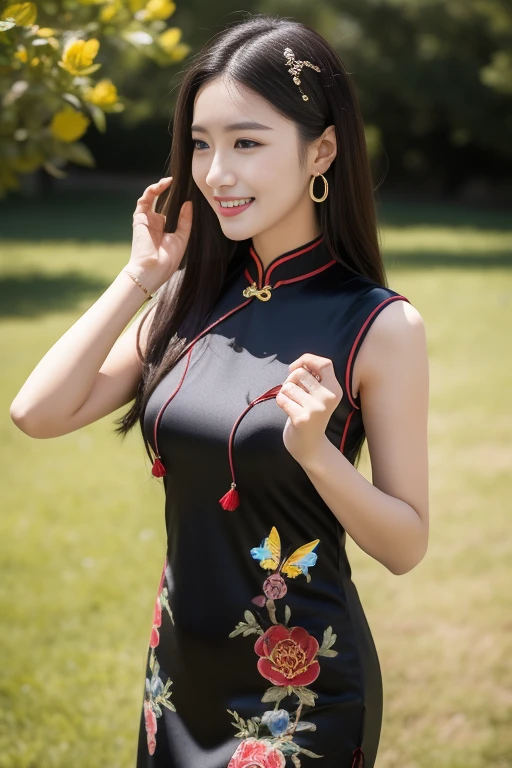 (super highest quality、超A high resolution、8k、masterpiece:1.3)、beautiful woman with perfect figure:1.4、、black hair、((purple cheongsam))、(((((no background))))、cute、highly detailed face and skin、detailed eye、double eyelid、thin legs、best smile、(((1people々)))、(左手でpeople々raise your index finger)、((the whole body is within the observer))、best smile、extraordinary beauty、The Year is16Year、facing the front、perfect proportions、(dragon design cheongsam)、Wide slit、hair length、Long slit、panties、lift up cheongsam