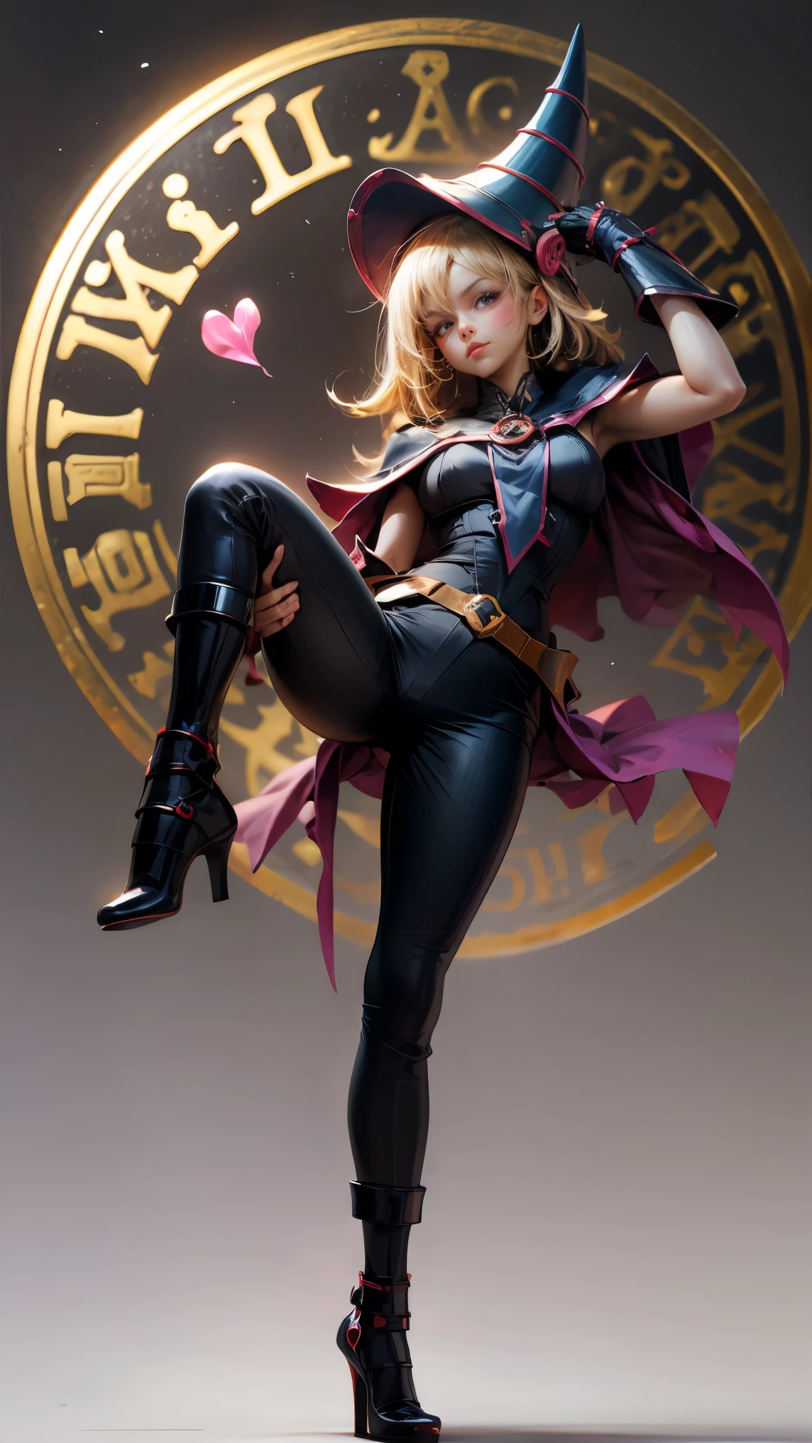 dark magician gils, with high-heels. pants, sexy, Subjective and sensual pose. magic background. Magical heart in the air. magic circle