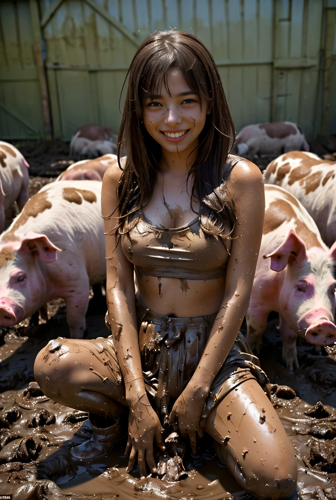 Beautiful model korea girl nude_anything, She lives with animals on the farm, she she moves by crawling takes the cattle to hay, best quality, expressive eyes, perfect face, perfect body, Huge_boob, she acts like a dog, cute face, dog tail
