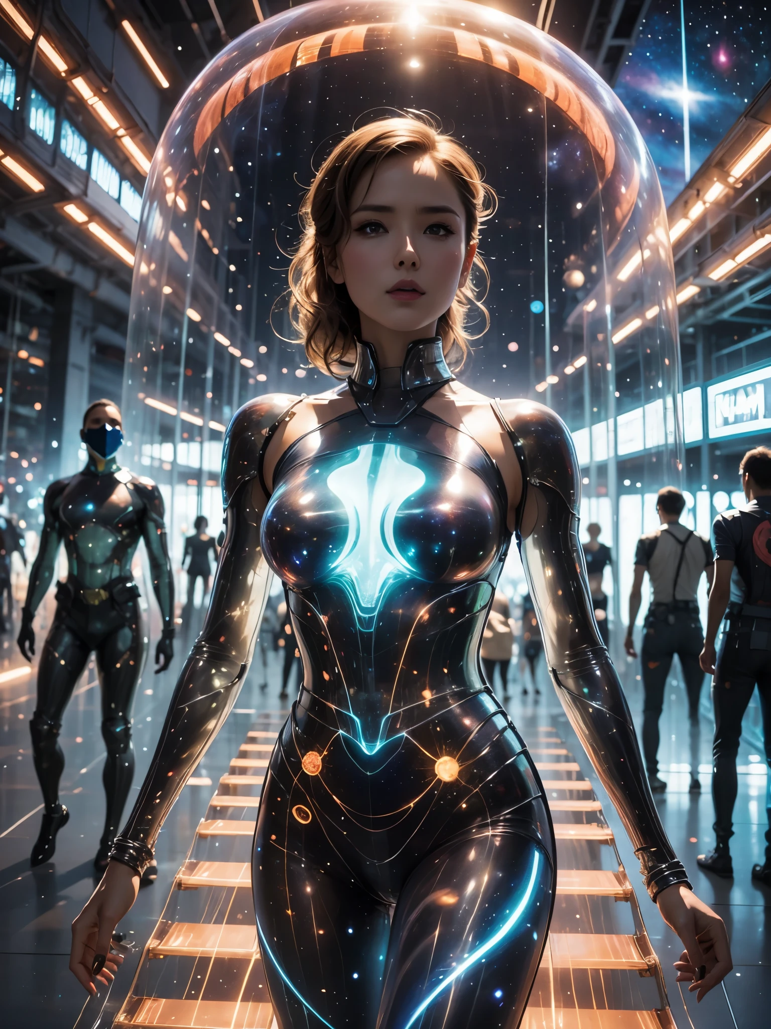 An ultra hot gorgeous thai woman, long dark hair, known as a popular playmate and men's magazine model, portrayed as a fierce female space ranger in a dynamic action pose. She is dressed in a sleek, form-fitting space suit with futuristic details, standing confidently with a laser blaster in hand against a backdrop of stars and galaxies in the vast cosmic expanse. The lighting accentuates her features and adds a sense of drama to the scene.