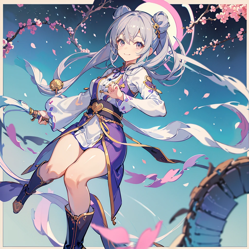 One girl, Handsome face、Gray Hair, Small breasts, Portrait Twin Blade, Unique and cute hairstyle、smile、A giant heart-shaped magic wand,Unique and cute clothes、Clothes with large buttons