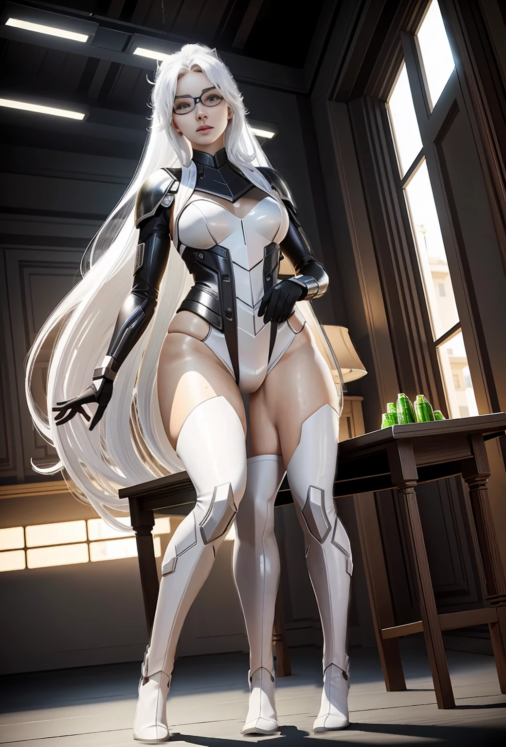 ((Full body shot, standing, feet on the ground))(masterpiece, Best quality) MarvelBlackCat, 1 girl, One, long hair, White hair, a mask, seductive, Sitting at the table, gaming pc, White lighting, HD, illustration, Epic, fantasy, difficult, elegant, amazing detail, digital painting, ArtStation