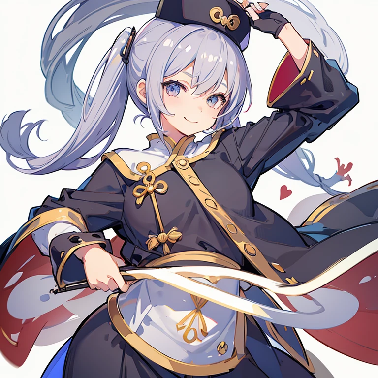 One girl, Handsome face、Gray Hair, Small breasts, Portrait Twin Blade, Unique and cute hairstyle、smile、A giant heart-shaped magic wand,Unique and cute clothes、Clothes with large buttons、Big black newsboy hat、