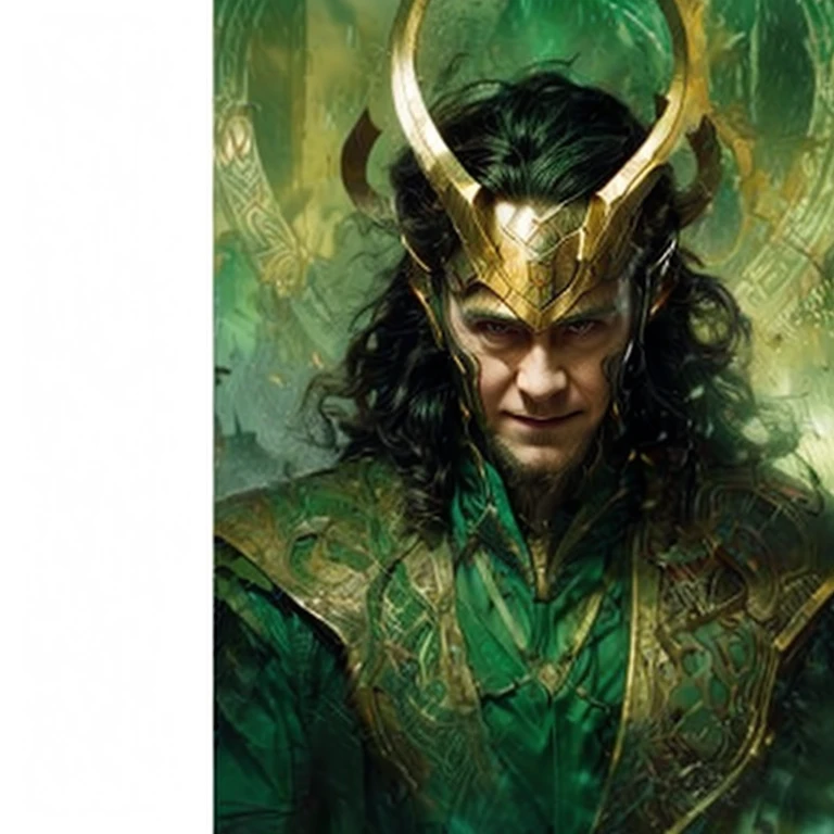 Loki, the Norse god of mischief, portrayed in a majestic landscape. He stands proudly in a green and gold tunic, his flowing cape billowing behind him. With a sly grin on his face, he confidently wields a staff. The backdrop is a tumultuous scene of dark storm clouds swirling over rugged mountains, looming trees, and a distant, ancient city in ruins. The image exudes a sense of drama and tension, perfectly capturing Loki's cunning essence. Cinematic, detailed, high resolution.Looking at viewer, 