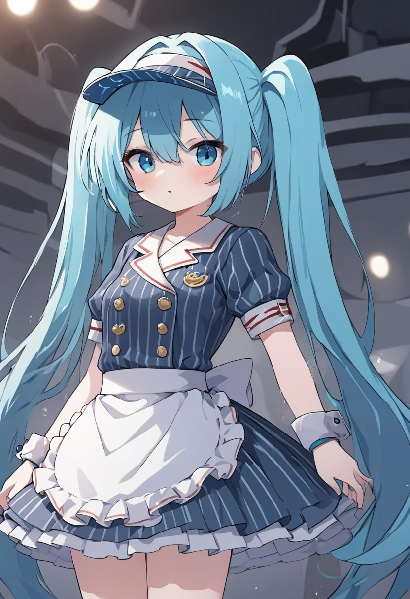 hatunemiku、Mesmerizer、Best Quality, masterpiece、One girl, Alone, Hatsune Miku、Blue vertical striped dress, Waist apron、Visor Cap, Wrist cuff、Score_9, Score_8_up, sauce_anime, Light blue, by Torment \(customer\) break, One girl,Mikmesmerizer, Hatsune Miku縦縞のドレス, Waist apron鋭い歯, Visor Cap,