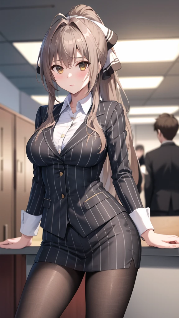 masterpiece, best quality, highres, aaisuzu, 1girl, ponytail, hair bow, brown eyes, pinstripe suit, black suit, collared shirt, pinstripe skirt, black pantyhose, cowboy shot, standing, office, looking at viewer,