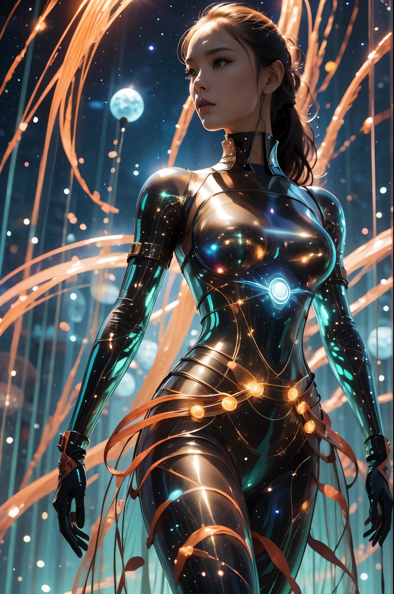 An ultra hot gorgeous thai woman, long dark hair, known as a popular playmate and men's magazine model, portrayed as a fierce female space ranger in a dynamic action pose. She is dressed in a sleek, form-fitting space suit with futuristic details, standing confidently with a laser blaster in hand against a backdrop of stars and galaxies in the vast cosmic expanse. The lighting accentuates her features and adds a sense of drama to the scene.
