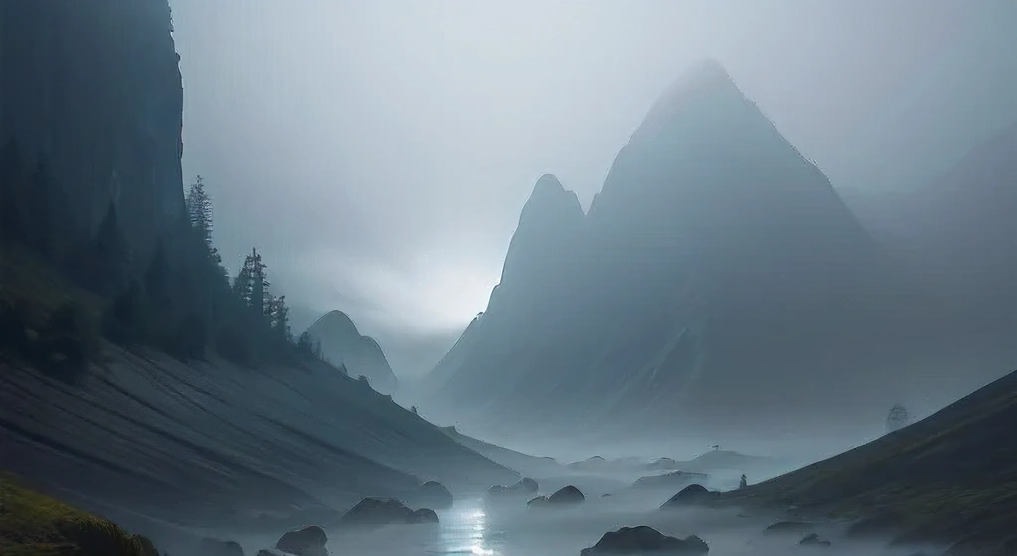 A view of a mountain range with a river in the foreground - SeaArt AI