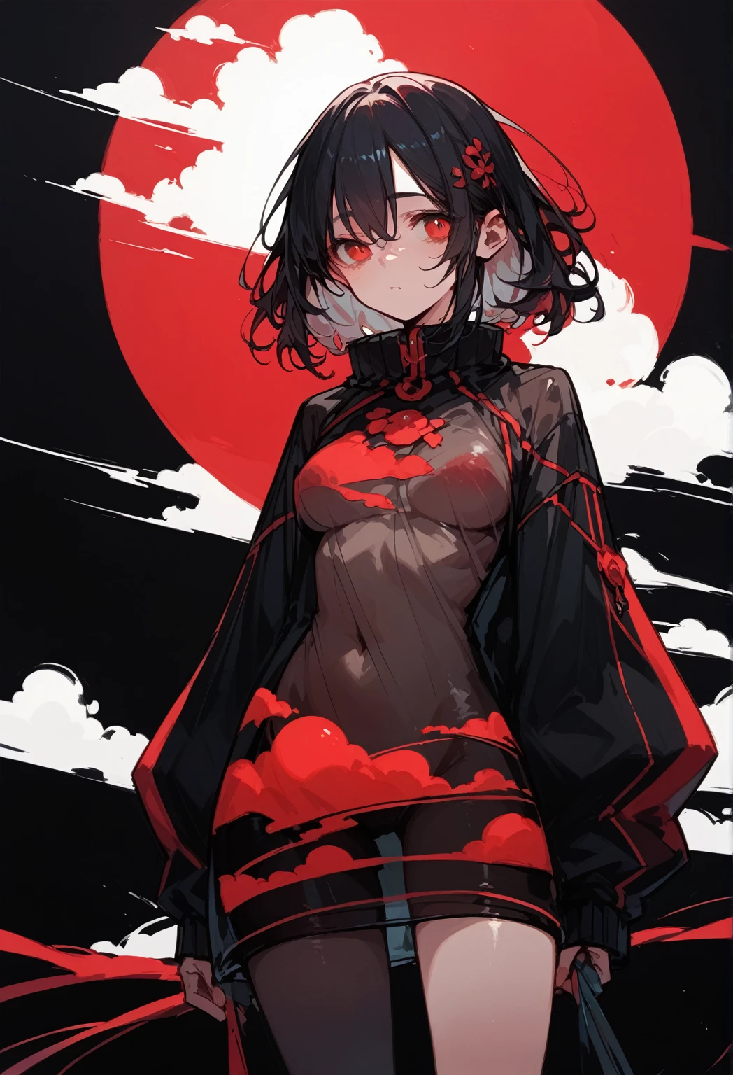 Red Cloud,Girl with red cloud motif,sexy,Accentuated body lines,Pitch black background,Ultra see-through Japanese style hoodie,(A body line where clothes are visible),See-through inner,Angle from below,Accentuated crotch