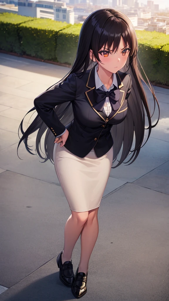 One Girl, Five Fingers, mini skirt, Looking down at the viewer, Black Hairロングヘアー, Highest quality, Focus on the thighs, Dynamic pose, smile, blazer, blouse, Black Pantyhose, panties under pantyhose, Standing Split, classroom, Black Hair, Stylish pose,My thighs and groin are steamy