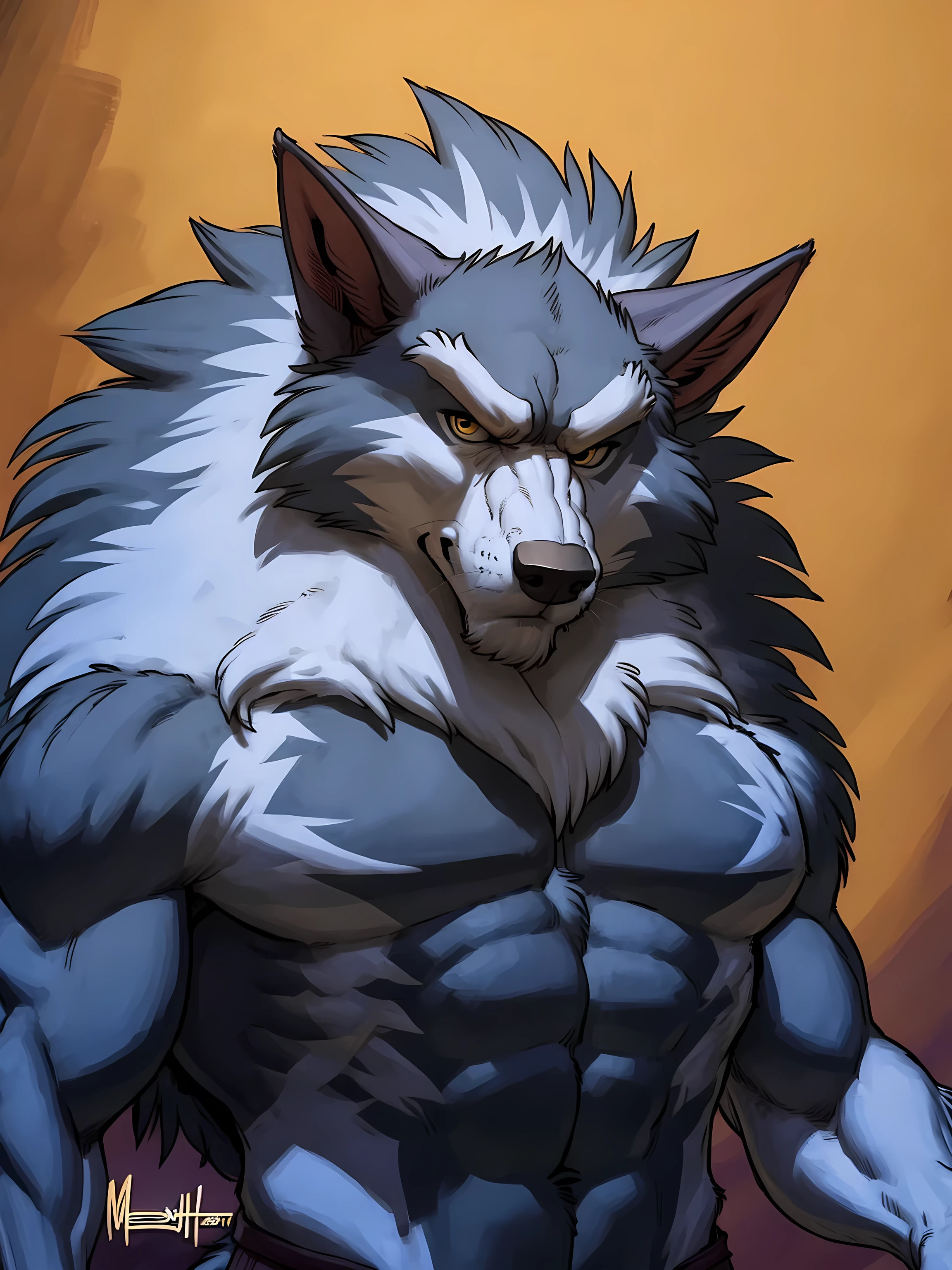 gallon, werewolf, mane, very muscular, high quality, best resolution, stern face, looking at viewer, half body, strong chest, pectorals, by zaush, by meesh, simple background:1.2, detailed eyes