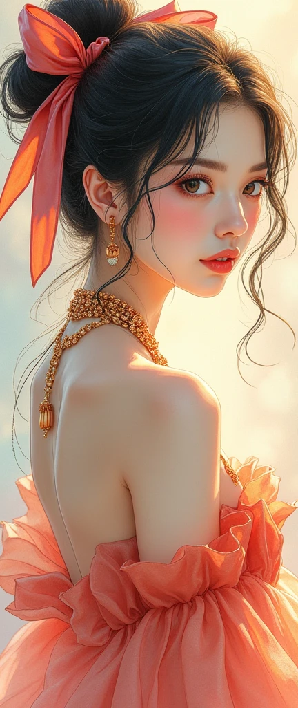 masterpiece, High resolution, highest quality, very detailed, wallpaper, painterly, brush stroke, pointed ears, yellow eyes, slit pupil, Beautiful woman, big breasts, red dress